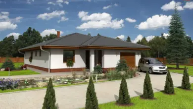 Moderní projekt bungalovu s garáží a stanicí pro auto.