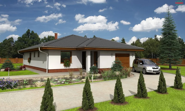 Moderní jednopatrový bungalov s garáží a asfaltovou příjezdovou cestou.