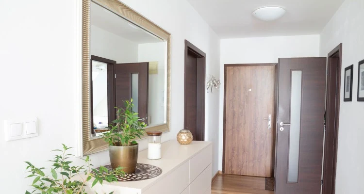 Moderní malá předsíň s dřevěnou podlahou a dveřmi.