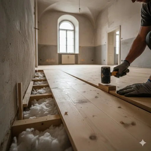 Montáž dřevěné podlahy s izolací ve starém domě.