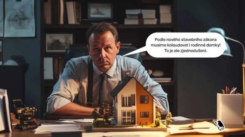 Muž v kanceláři s modelem domu při mluvení o stavebním zákoně.