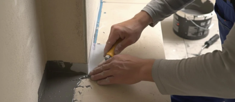Muž nanáší hydroizolační hmotu do rohu koupelnové stěny.