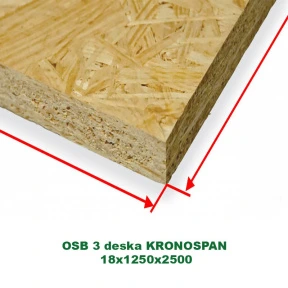 Detailní pohled na roh OSB desky tloušťky 18 mm.