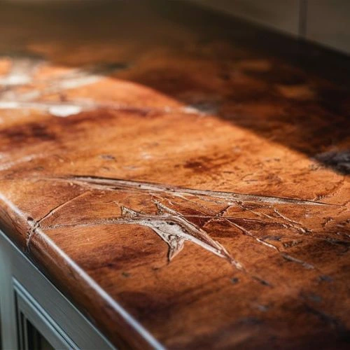 Použitá kuchyňská pracovní deska s poškozeným povrchem připravená na renovaci.
