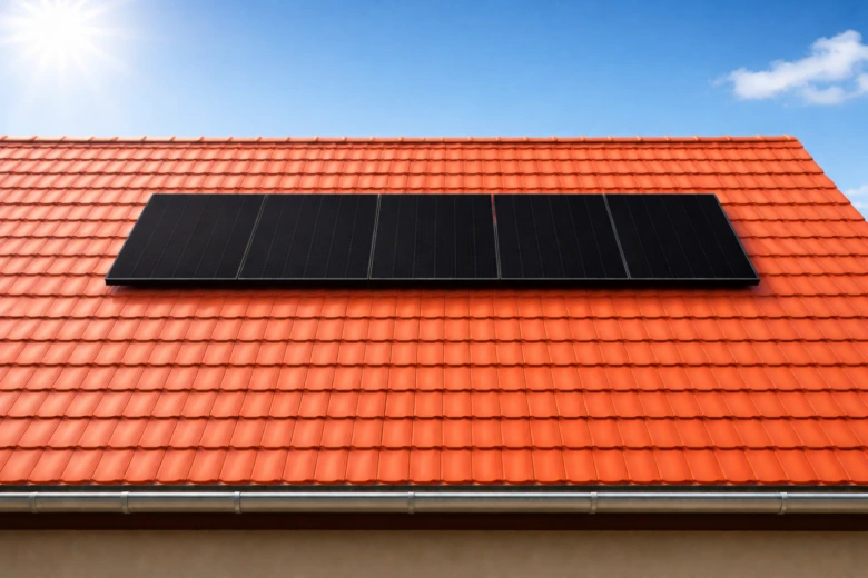 Fotovoltaické panely na červené střechě domu pro ohřev vody.