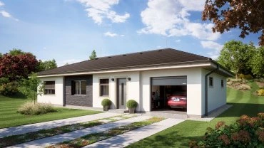 Moderní bungalov s garáží na pozadí zelené zahrady.