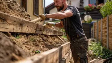 Muž zpevňuje svah dřevěnou konstrukcí v zahradě.