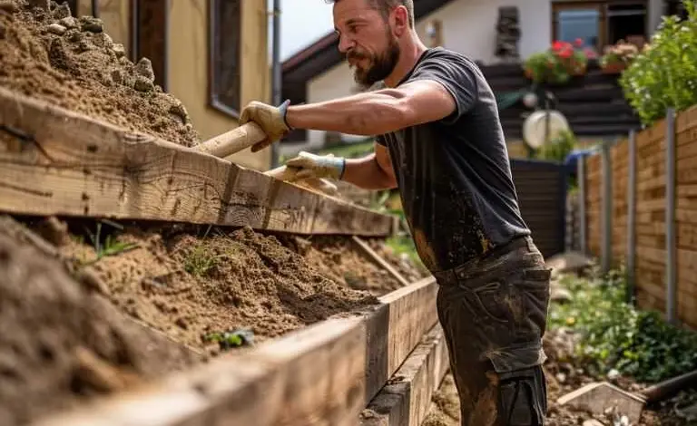 Muž zpevňuje svah dřevěnou konstrukcí v zahradě.