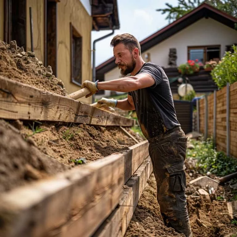 Muž zpevňuje svah dřevěnou konstrukcí v zahradě.