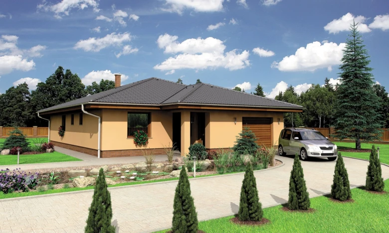Moderní bungalov s garáží v tvaru U na pozadí zelené zahrady.