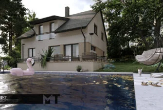 Dvoupatrový rodinný dům s bazénem v zahradě.