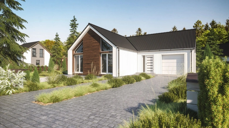 Moderní bungalov s garáží v U-tvaru na pozadí zeleně.