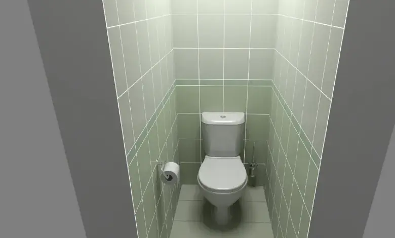 Malá toaletní kabinka s bílým záchodem v zeleně obložené místnosti.