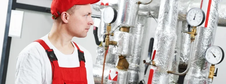 Technik kontroluje instalaci plynového kotle a potrubí.