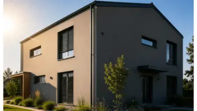 Moderní dům s hnědými okny na světlé fasádě.