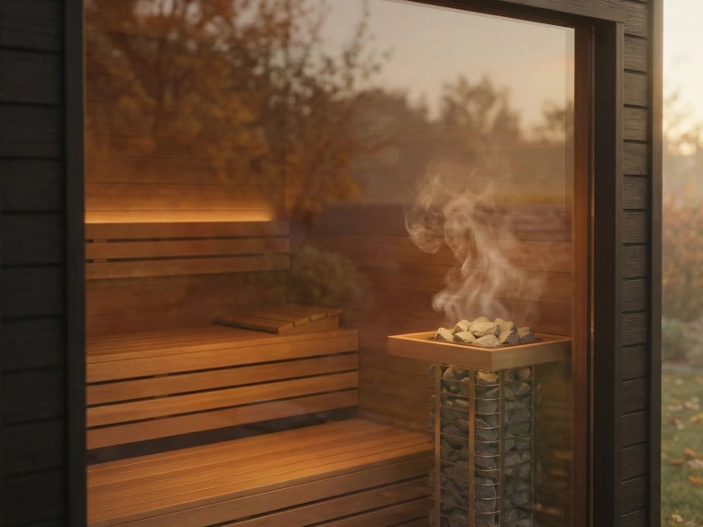 Ukončená venkovní sauna s dřevěnými lavicemi a horkým kamenem.