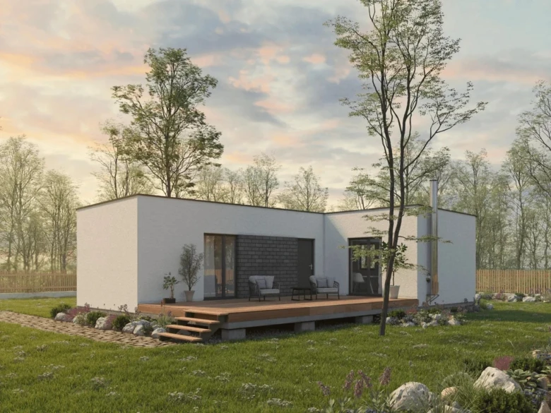 Moderní bílý bungalov do tvaru L s dřevěnou terasou.