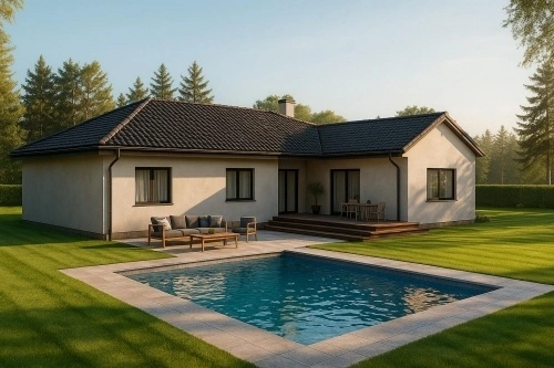 Modernní bungalov do tvaru L s bazénem a zahradou.