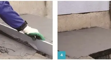 Práce na vyrovnaní betonu pro rekonstrukci balkonu.
