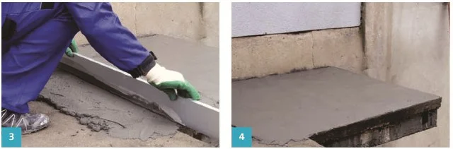 Práce na izolaci balkonu: aplikace vrstvy hydroizolačního materiálu.