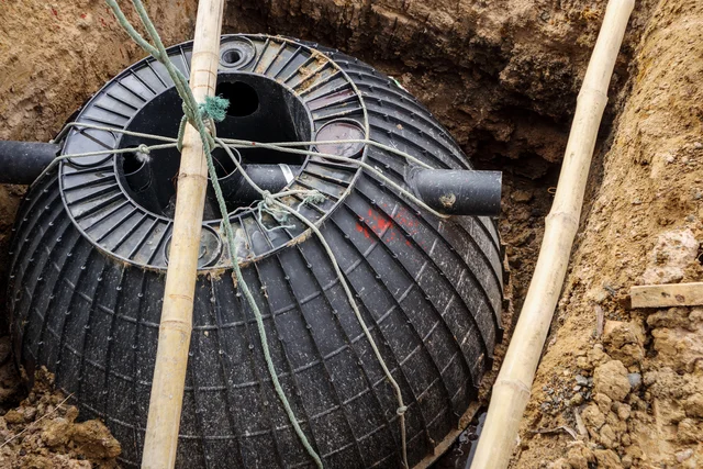 Černá septika v jámě pro instalaci trativodu.
