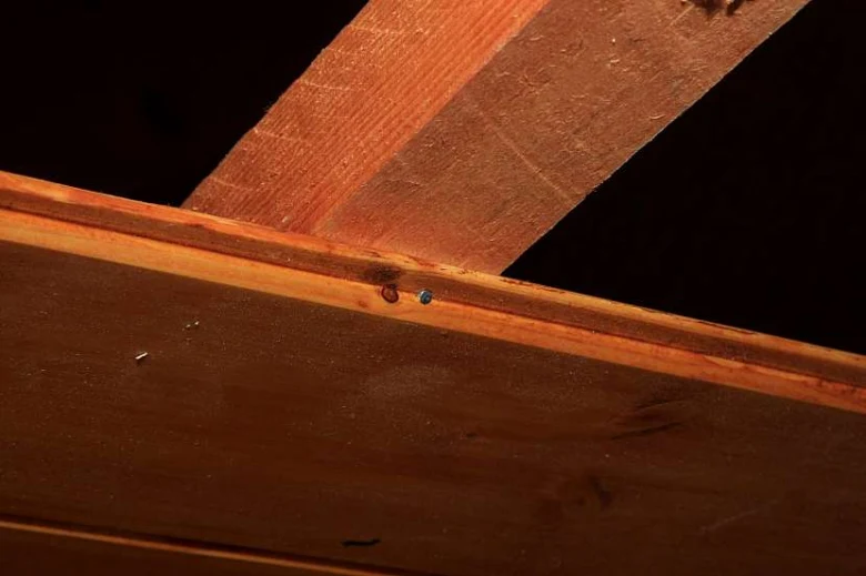 Detail dřevěného stropu s trámy z palubek při stavbě.
