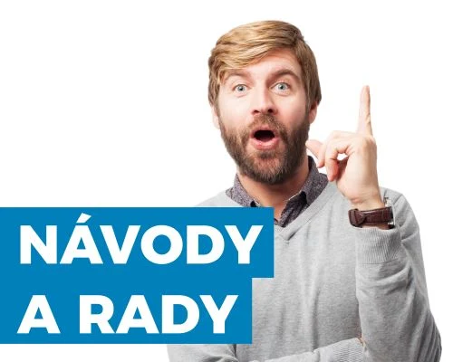 Muž ukazující prstem nahoru s nápisem nápady a rady.