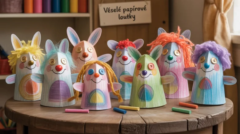 Kolorované papírové loutky z pohárů s vlnitými vlasy na dřevěném stole.