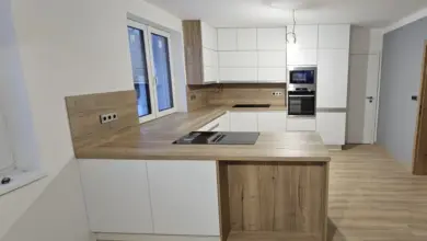 Modern white kitchen with bar