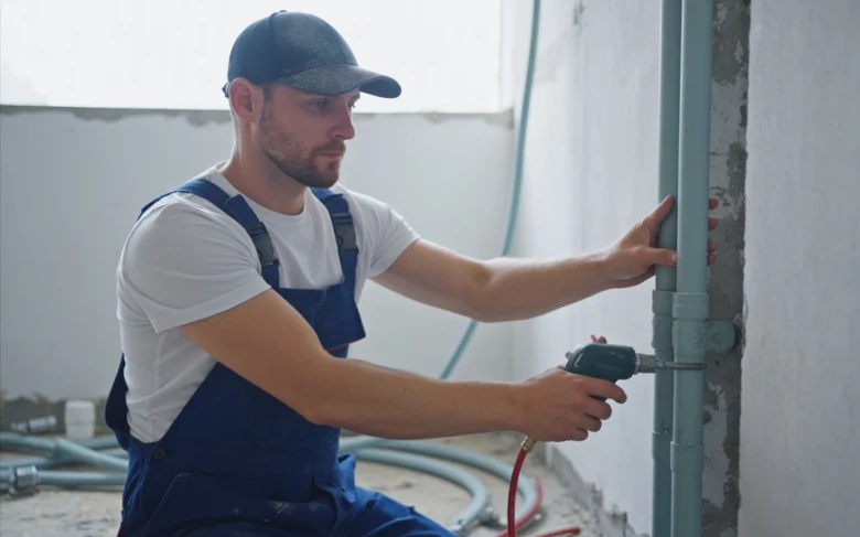 Montáž potrubí technikou s použitím elektrického nářadí.