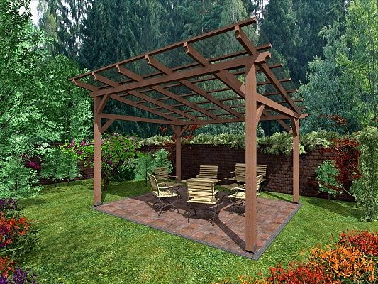 Dřevěná pergola s posezením na zahradním pozemku.