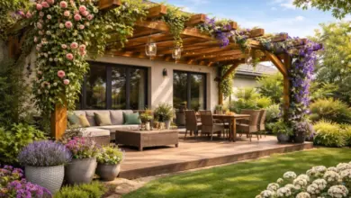 Hotová dřevěná pergola s plíživými kvetoucími rostlinami na zahradním terase.