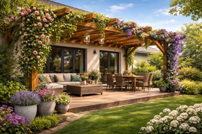 Hotová dřevěná pergola s rostlinami na zahradním pozadí.