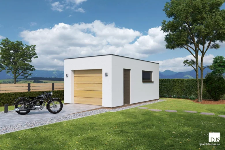 Moderní garáž s dřevěnými dveřmi a motocyklem venku.