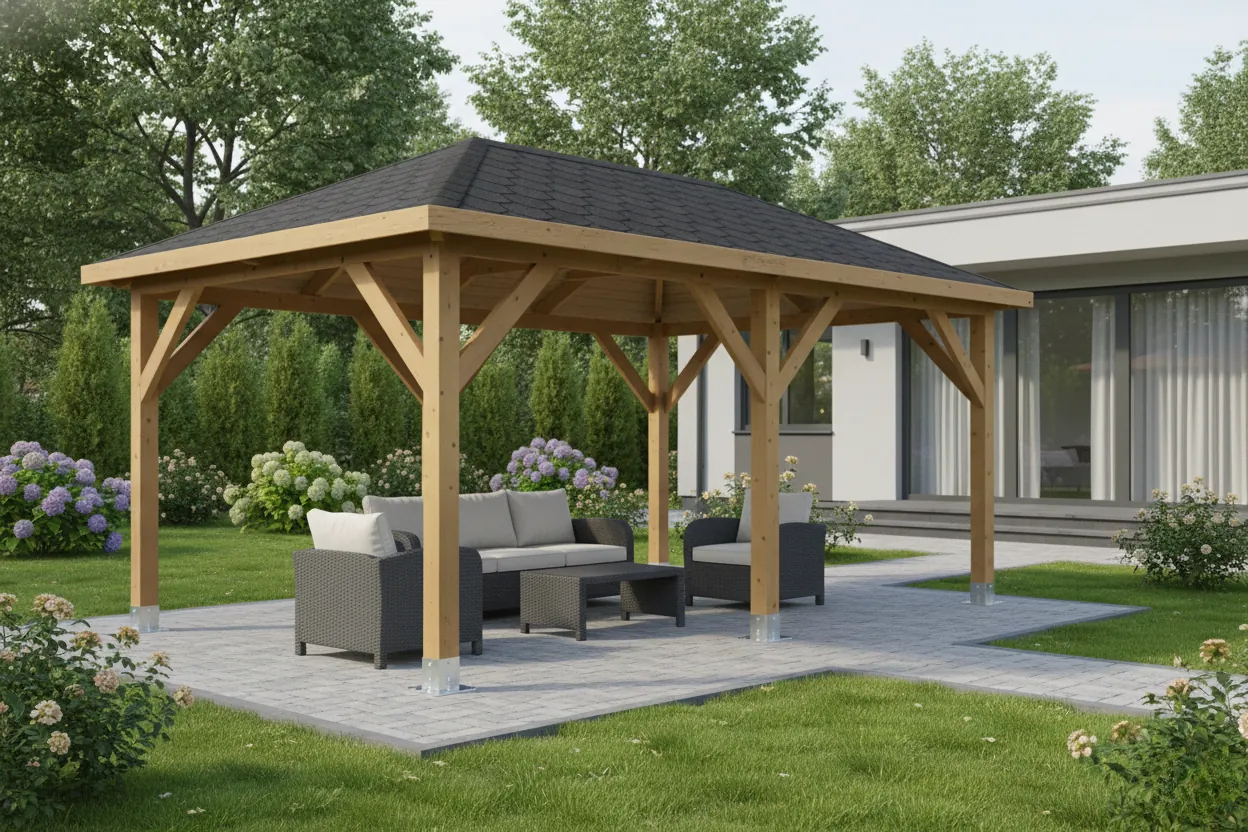 Moderní dřevěná pergola s venkovním nábytkem na zahradě.