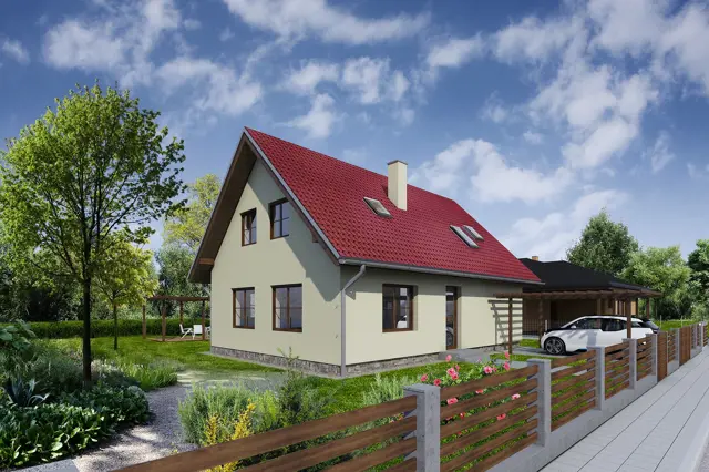 Moderní dům s červenou střechou v zeleném prostředí.