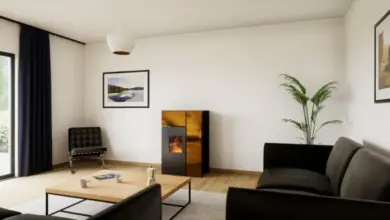 Moderní elektrický krb do rohu v obývacím pokoji.