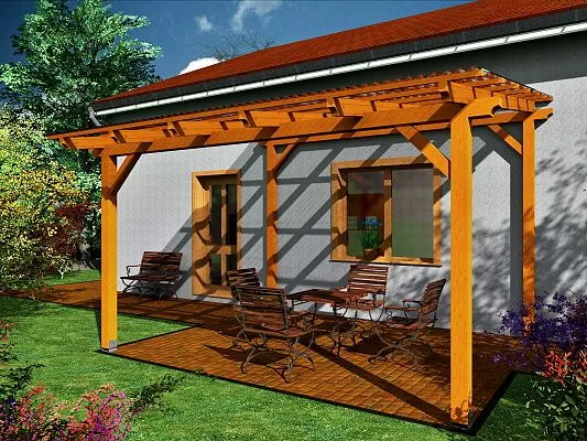 Dřevěná pergola přistavěná ke zděné stěně domu s venkovním posezením.