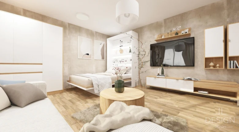 Modernní ložnice s vestavěnou skříňí sloužící jako oddělení prostoru.