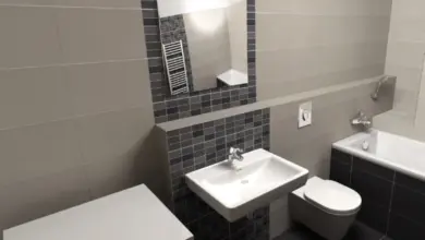 Moderní koupelna s bílým záchodem na stěně.