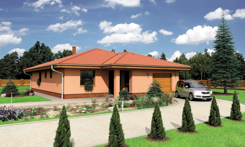 Moderní bungalov s garáží v tvaru písmene U na pozadí zelené zahrady.