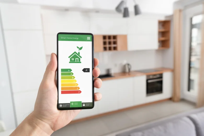 Smartphone s aplikací pro sledování energie v kuchyni.