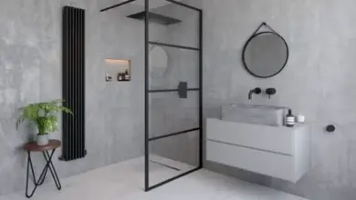 Moderní koupelna s sprchovým koutem ze skla a betonovou stěnou.