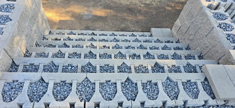 Nově postavená opěrná zeď z betonových bloků naplněných štěrkem.