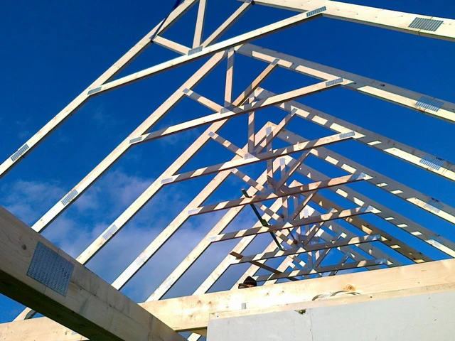 Wooden roof trusses under construction