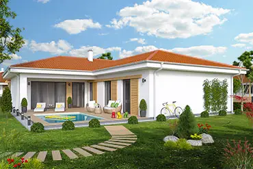 Moderní bílý bungalov do tvaru L s bazénem.