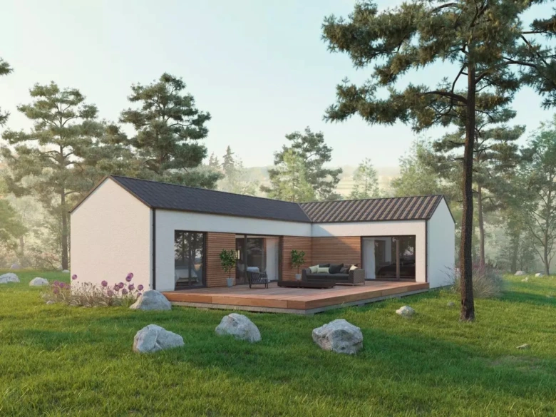 Modernní bungalov do tvaru L v zeleném prostředí s terasou.