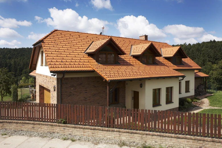 Dům s několika typy vikýřů na střeše v přírodním prostředí.