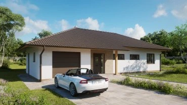 Bungalov s garáží, na kterém stojí bílá sportovní kabrioleta.