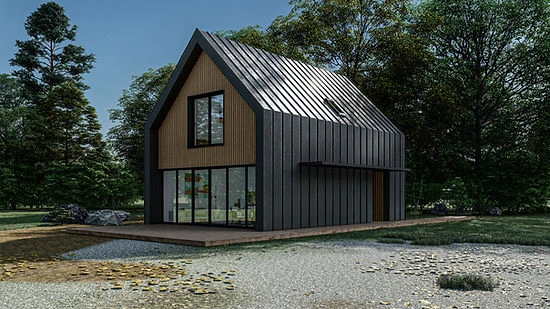 Moderní dřevostavba s šikmou střechou v lese